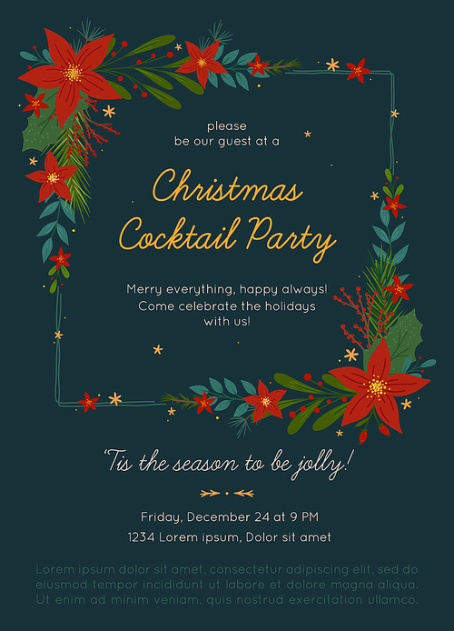 Christmas and Happy New Year party invitation template.Festive vector layout with hand drawn traditional winter holiday symbols.Xmas trendy design for banners,invitations,prints,social media.