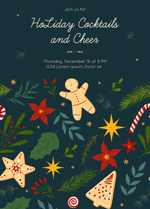 Christmas and Happy New Year party invitation template with pattern.Festive vector layout with hand drawn traditional winter holiday symbols.Xmas design for banners,invitations,prints,social media.