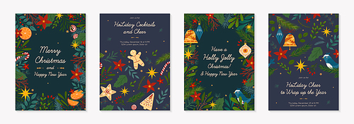 Christmas and Happy New Year greeting banners and party invitations.Festive vector layouts with hand drawn traditional winter holiday symbols.Xmas designs for banners,invitations,prints,social media.