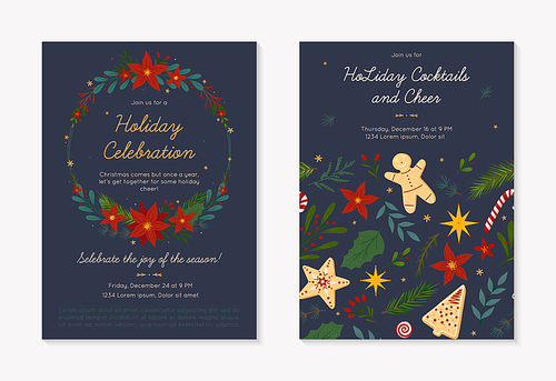 Christmas and Happy New Year party invitations templates.Festive vector layouts with hand drawn traditional winter holiday symbols.Xmas trendy designs for banners,invitations,prints,social media