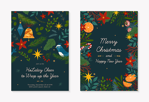Christmas and Happy New Year greeting banner and party invitation.Festive vector layouts with hand drawn traditional winter holiday symbols.Xmas designs for banners,invitations,prints,social media.