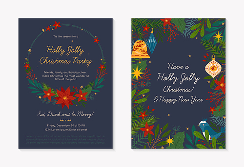 Christmas and Happy New Year greeting banner and party invitation.Festive vector layouts with hand drawn traditional winter holiday symbols.Xmas designs for banners,invitations,prints,social media.
