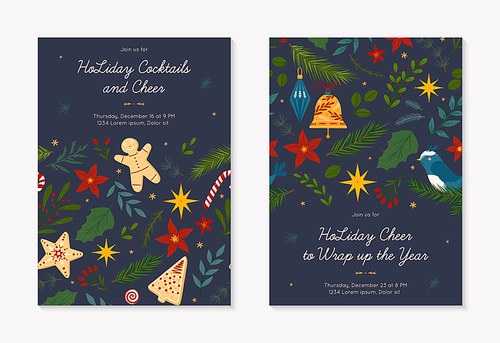 Christmas and Happy New Year party invitation templates with pattern.Festive vector layouts with hand drawn traditional winter holiday symbols.Xmas design for banners,invitations,prints,social media.