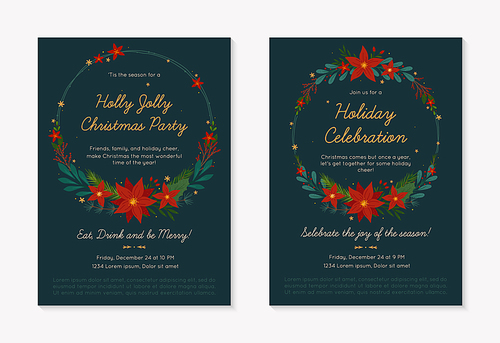 Christmas and Happy New Year party invitations templates.Festive vector layouts with hand drawn traditional winter holiday symbols.Xmas trendy designs for banners,invitations,prints,social media