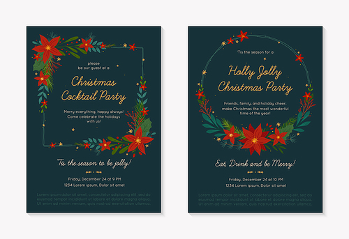 Christmas and Happy New Year party invitations templates.Festive vector layouts with hand drawn traditional winter holiday symbols.Xmas trendy designs for banners,invitations,prints,social media