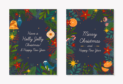 Set of Christmas and Happy New Year greeting banners templates.Festive vector layouts with hand drawn traditional winter holiday symbols.Xmas trendy designs for banners,invitations,prints,social media