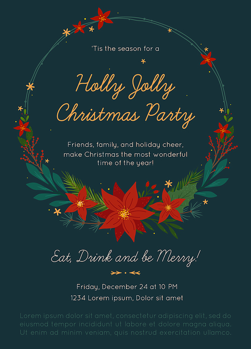 Christmas and Happy New Year party invitation template.Festive vector layout with hand drawn traditional winter holiday symbols.Xmas trendy design for banners,invitations,prints,social media.