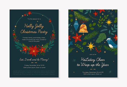 Christmas and Happy New Year party invitations templates.Festive vector layouts with hand drawn traditional winter holiday symbols.Xmas trendy designs for banners,invitations,prints,social media