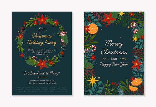 Christmas and Happy New Year greeting banner and party invitation.Festive vector layouts with hand drawn traditional winter holiday symbols.Xmas designs for banners,invitations,prints,social media.