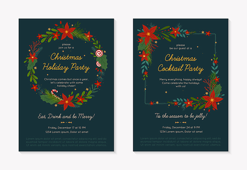 Set of Christmas and Happy New Year party invitations templates.Festive vector layouts with hand drawn traditional winter holiday symbols.Xmas trendy designs for banners,invitations,prints,social media
