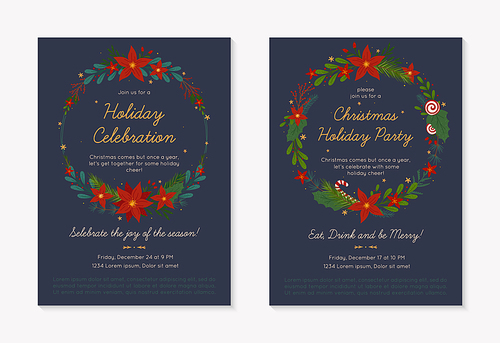 Christmas and Happy New Year party invitations templates.Festive vector layouts with hand drawn traditional winter holiday symbols.Xmas trendy designs for banners,invitations,prints,social media