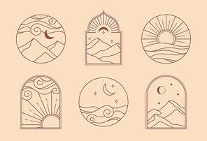 Vector linear boho icons with mountains landscape,desert,sea.Travel emblems with mountains or sand dunes;sun with sunburst,moon and aurora lights.Modern bohemian symbols in oriental style.