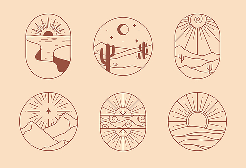 Vector linear boho emblems with rocky mountains,desert landscapes and mountain range.Travel logos with cliffed coast;aurora,sea,sun,desert dunes;cacti,moon,stars.Modern hiking or camping labels.