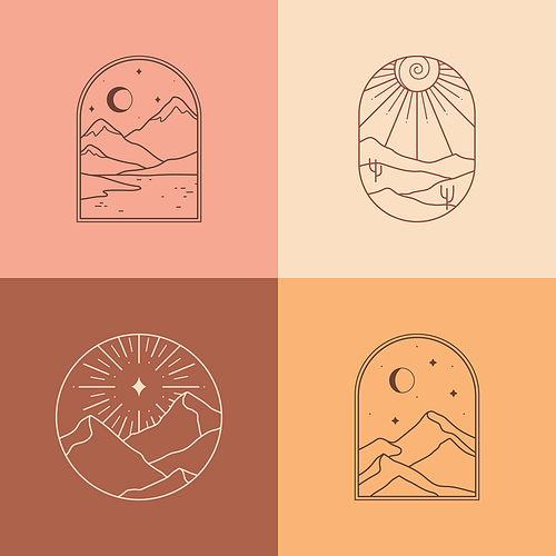 Vector boho emblems with abstract mountain landscapes.Travel logos with mountains or desert dunes;aurora,crescent moon,sun and sunburst.Modern travel icons or symbols in trendy minimalist style.