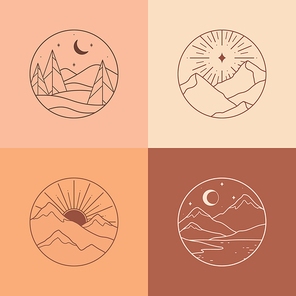 Set of vector linear boho emblems.Bohemian logos with lake,sun and sunburst,snowcapped mountains,aurora and moon.Modern camping icons or symbols in trendy minimal style.Travel design templates