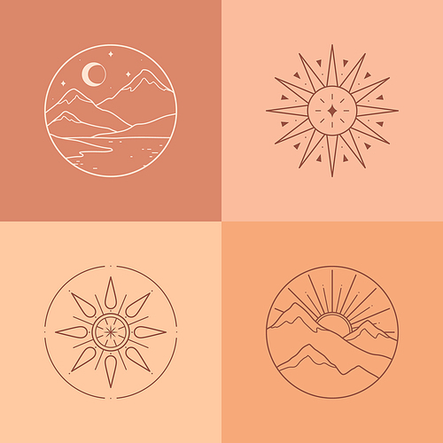 Set of vector linear boho emblems.Bohemian logos with lake,sun and sunburst,snowcapped mountains and moon.Modern celestial icons or symbols in trendy minimal style.Travel design templates