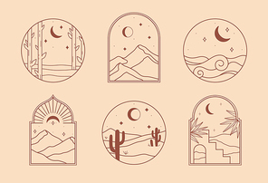 Vector linear boho icons with forest,mountains landscape,desert dunes,sea.Travel emblems with mountains or desert dunes;moon and stars.Modern bohemian symbols in oriental style.