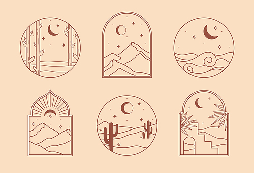Vector linear boho icons with forest,mountains landscape,desert dunes,sea.Travel emblems with mountains or desert dunes;moon and stars.Modern bohemian symbols in oriental style.
