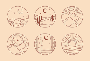 Vector linear boho icons with mystic forest,mountains landscape,desert dunes,sea.Travel emblems with trees,aurora lights,crescent moon,sun and stars.Modern hiking or camping logos in minimal style.