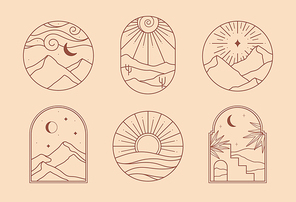 Vector linear boho icons with mountains landscape,desert dunes with cacti,sea.Travel emblems with mountains or desert dunes;moon and aurora lights.Modern bohemian symbols in oriental style.