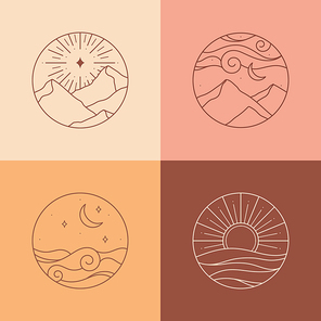 Bundle of vector travel bohemian logos or icons with mountain landscape,sun,sea,aurora lights,crescent moon,sky and sunburst.Boho linear symbols in trendy minimal style.Modern celestial emblems.