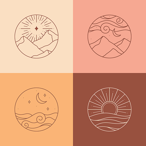 Bundle of vector travel bohemian logos or icons with mountain landscape,sun,sea,aurora lights,crescent moon,sky and sunburst.Boho linear symbols in trendy minimal style.Modern celestial emblems.
