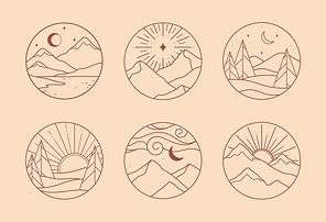Vector linear boho emblems with abstract mountain landscapes.Travel logos with mountains,aurora lights,sea or lake,sun and sunburst,moon and stars.Modern hike,camp or glamping resort labels