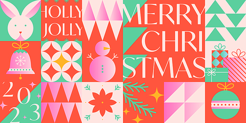 Christmas and Happy New Year greeting banner template.Festive vector background in bauhaus style with traditional winter holiday symbols.Xmas trendy design for branding,invitations,prints,social media