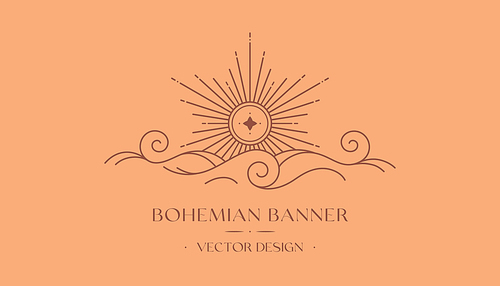 Vector bohemian logo design with sun,cloud or sea waves and light rays.Boho linear icon or symbol in trendy minimalist style.Modern celestial emblem.Branding design,website banner,social media template.