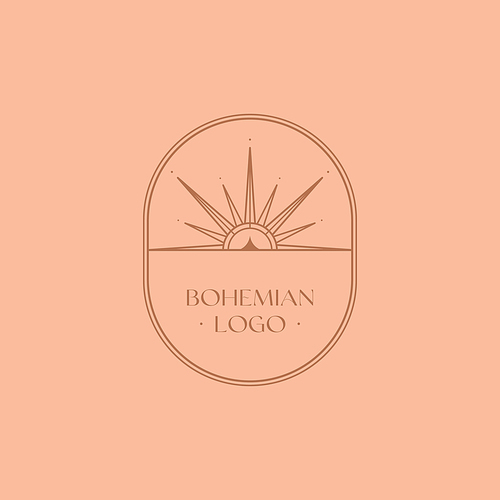 Vector bohemian logo design template with sun and sunburst. Boho linear icon or symbol in trendy minimalist style.Modern celestial emblem.Branding design template.