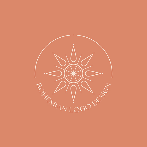 Vector bohemian logo design template with sun and sunburst. Boho linear icon or symbol in trendy minimalist style.Modern celestial emblem.Branding design template.