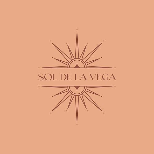 Vector bohemian logo design template with sun,star and sunburst.Boho linear icon or symbol in minimal style.Modern celestial emblem.Branding design.Letters with Sol de la Vega means Sun of the Valley