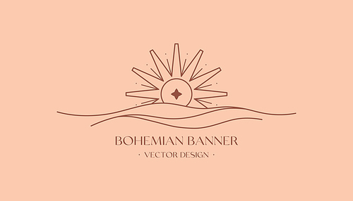 Vector linear boho emblem.Bohemian logo design with sea, sun and sunburst.Modern celestial icon or symbol in trendy minimalist style.Branding design,website banner template.