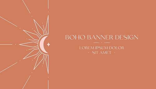 Vector bohemian logo design with sun,crescent moon and light rays.Boho linear icon or symbols in trendy minimalist style.Modern celestial emblem.Branding design,website banner template.