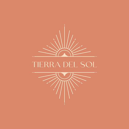 Vector bohemian logo design with sun and sunburst.Boho linear icon or symbol in trendy minimal style.Modern celestial emblem.Branding design template.Letters with Tierra del Sol means The Land of Sun