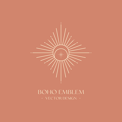 Vector bohemian logo design template with crescent moon,sun and sunburst. Boho linear icon or symbol in trendy minimalist style.Modern celestial emblem.Branding design template.