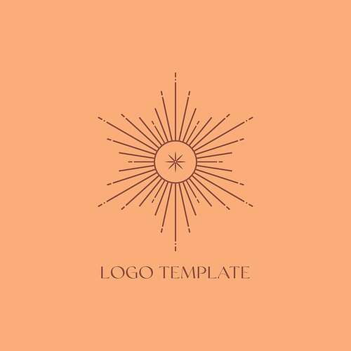 Vector bohemian logo design template with sun and sunburst. Boho linear icon or symbol in trendy minimalist style.Modern celestial emblem.Branding design template.