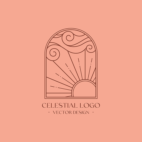 Vector linear boho emblem. Bohemian logo design with cloudy sky, sun and sunburst.Modern celestial icon or symbol in trendy minimalist style.Branding design template.