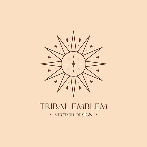 Vector bohemian logo design template with star,sun and sunburst. Tribal boho linear icon or symbol in trendy minimalist style.Modern celestial emblem.Branding design template.