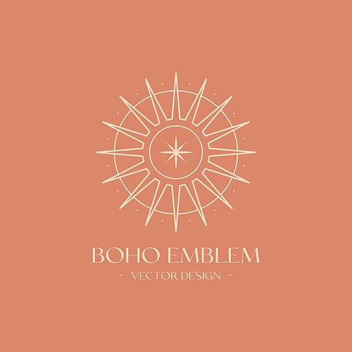 Vector bohemian logo design template with sun or guiding star and light rays. Boho linear icon or symbol in trendy minimalist style.Modern celestial emblem.Branding design template.