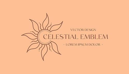 Vector bohemian logo design with sun or moon and light rays.Boho linear icon or symbol in trendy minimalist style.Modern celestial emblem.Branding design,website banner,social media template.