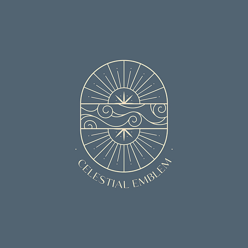 Vector linear boho emblem.Bohemian logo design with cloudy sky,sun and sunburst.Modern celestial icon or symbol in trendy minimalist style.Branding design template.