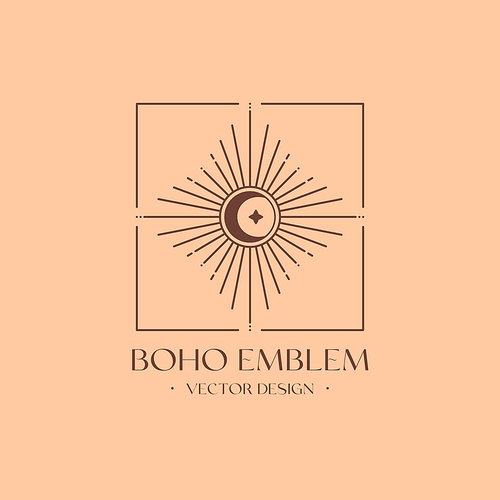 Vector bohemian logo design template with sun,crescent moon and sunburst. Boho linear icon or symbol in trendy minimalist style.Modern celestial emblem.Branding design template.