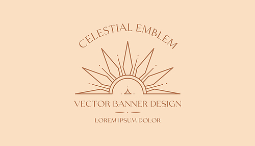 Vector bohemian logo design with sun or moon and light rays.Boho linear icon or symbol in trendy minimalist style.Modern celestial emblem.Branding design,website banner,social media template.