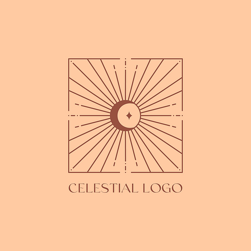 Vector bohemian logo design template with sun,moon and sunburst. Boho linear icon or symbol in trendy minimalist style.Modern celestial emblem.Branding design template.