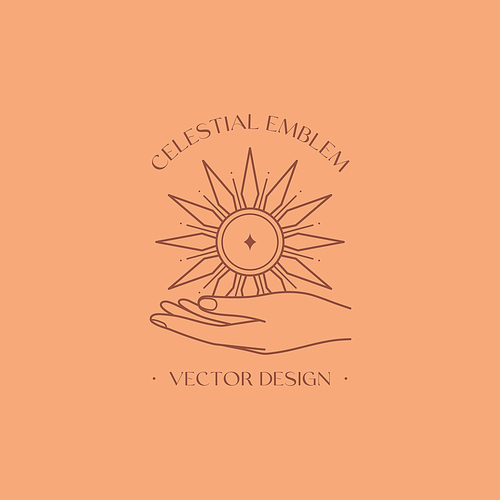 Vector bohemian logo design template with hand holding sun and sunburst. Boho linear icon or symbol in trendy minimalist style.Modern celestial emblem.Branding design template.