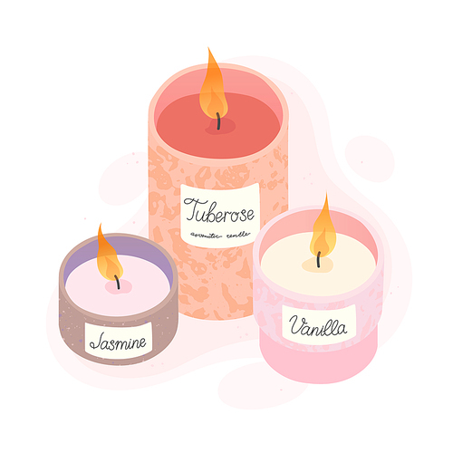 Aromatic candles vector illustration.Burning decorative wax or paraffin candles isolated on light background.Aromatherapy and ralaxation design elements.Home fragrances,cute hygge home decoration