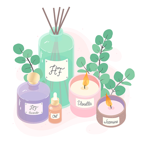 Aromatic candles,deffuser,oil and eucalyptus vector illustration set.Ayurveda,spa,wellness and beauty routine concept.Aromatherapy and ralax design elements.Home fragrances,cute hygge home decoration