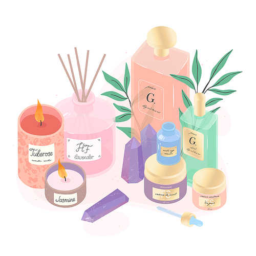 Serum,creams,deffuser,candles and eucalyptus vector illustration set.Beauty routine concept.Skin care treatment,aroma,wellness and ralax design elements.Home fragrances,cute hygge home decoration