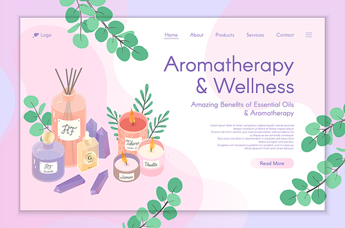 Web page design template for aromatherapy treatment,home fragrances,spa,wellness,natural products,herbal therapy,self care.Vector illustration concept for website,mobile website.Landing page layout.